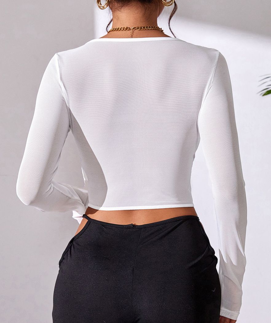 Haut femme August soie beige moyen décolleté crochet manches