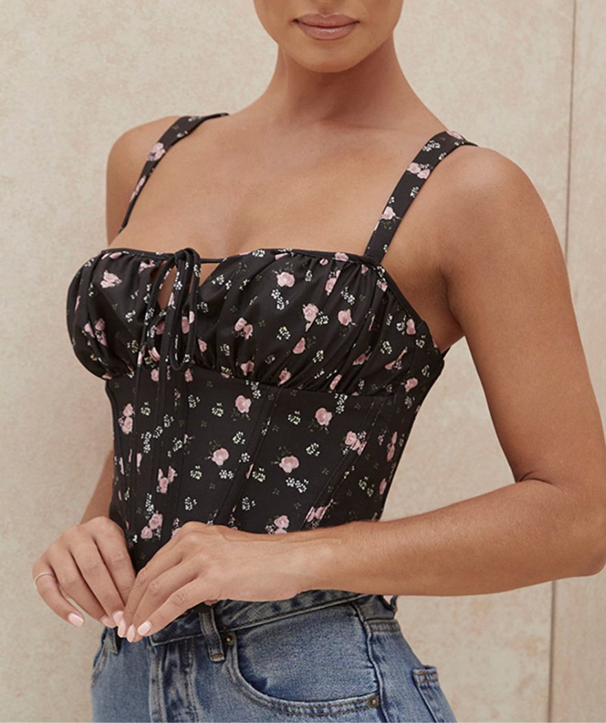 Corset Top Noir Fleuri Univers Corset